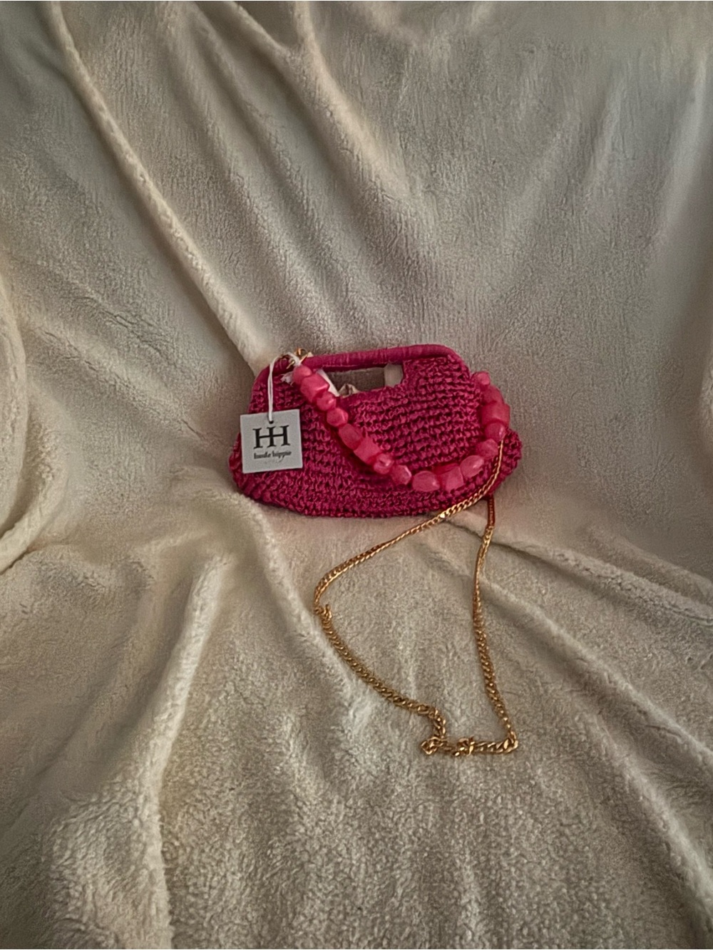 Haute Hippie Hot Pink Crochet Mini Bag with Beaded Handle